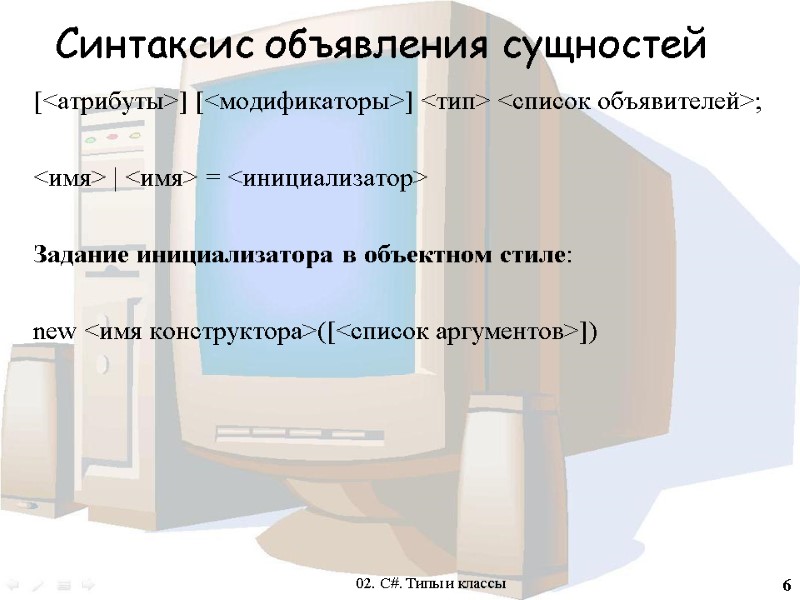 6 Синтаксис объявления сущностей [<атрибуты>] [<модификаторы>] <тип> <список объявителей>;  <имя> | <имя> =
